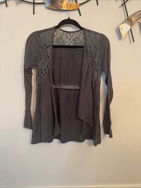 Gray Lace-Trim Open Front Women's Cardigan